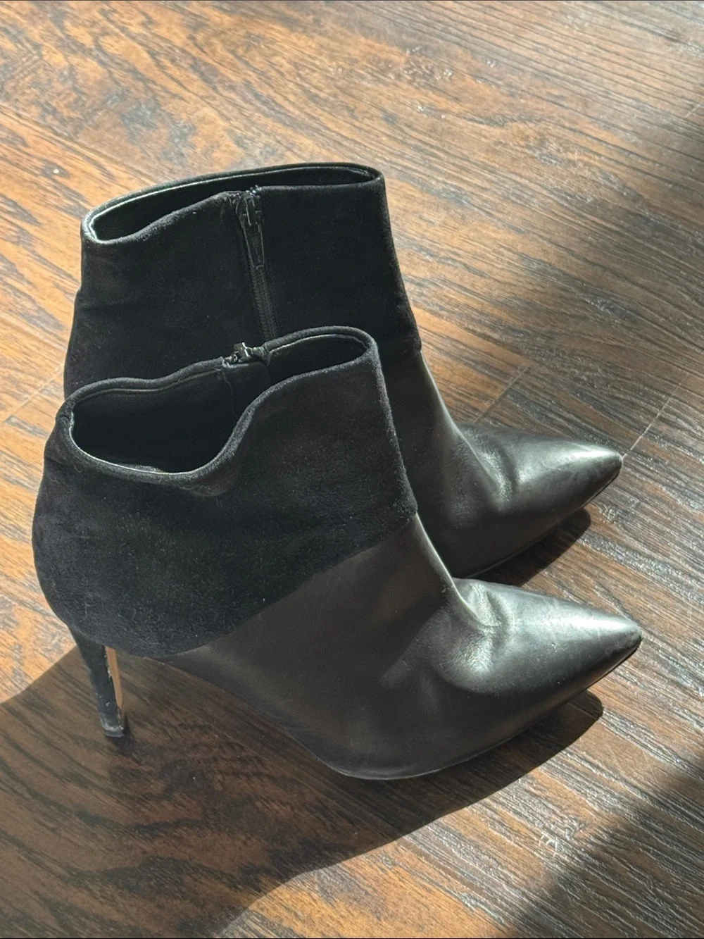 J. Crew Black Leather Pointed-Toe Ankle Booties with Suede Collar